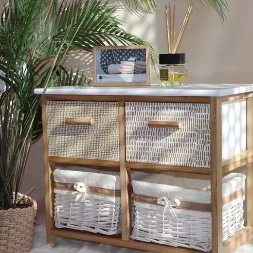 Weva "Keenan" Wood Storage Cabinet With 2 Drawers & 2 Baskets - Beige Weva "Keenan" Wood Storage Cabinet With 2 Drawers & 2 Baskets - Beige