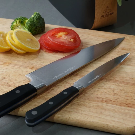 arshia 6-piece stainless steel kitchen knife set with upright wooden stand – razor-sharp blades, ergonomic handles, vertical safe storage, perfect for precise daily cutting tasks - Arshia - Image 2