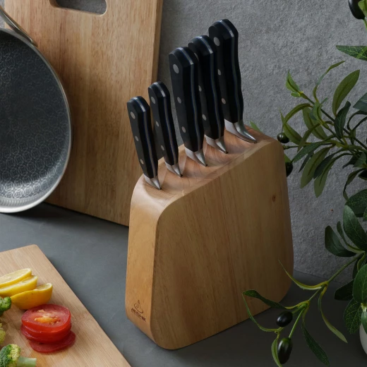 arshia 6-piece stainless steel kitchen knife set with upright wooden stand – razor-sharp blades, ergonomic handles, vertical safe storage, perfect for precise daily cutting tasks - Arshia - Image 3