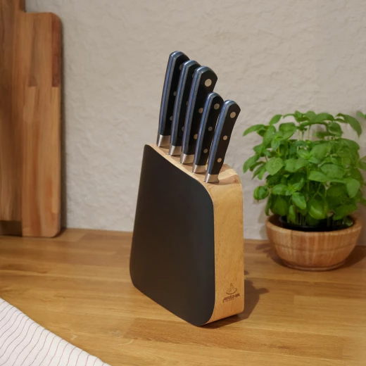 arshia 6-piece stainless steel kitchen knife set with upright wooden stand – razor-sharp blades, ergonomic handles, vertical safe storage, perfect for precise daily cutting tasks - Arshia - Image 4