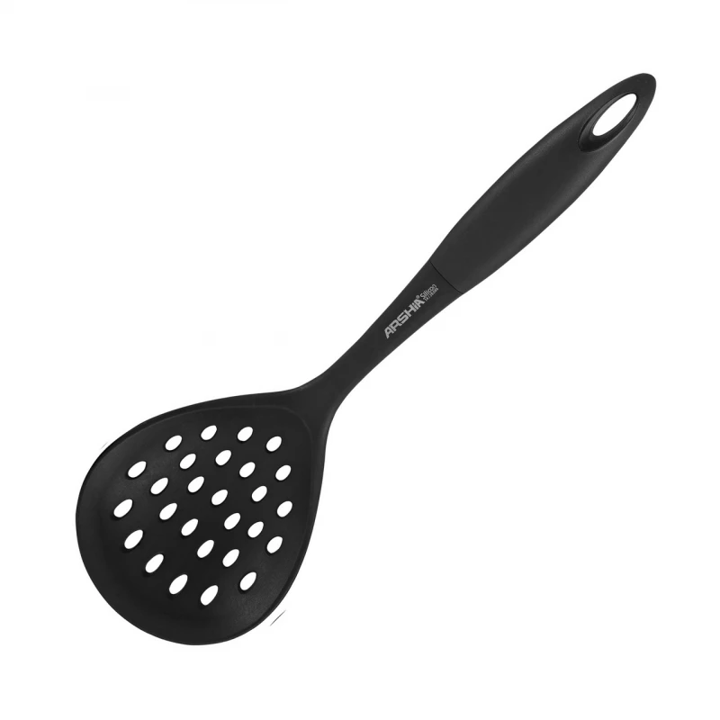 ارشيا أداة مطبخ سيليكون – مِصفاة سيليكون (أسود) + رأس سيليكون مقاوم للحرارة + تصميم فتحات لتصريف السوائل + مقبض مريح غير قابل للانزلاق + مثالية لتصفية الأطعمة أثناء القلي والسلق دون خدش أوانيك - ارشيا