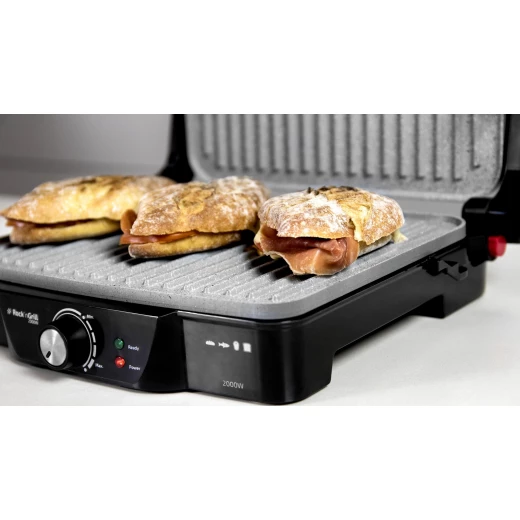 Cecotec Rock’N Grill 2000W Electric Contact Grill — 2000W Power, RockStone Non-Stick Eco Coating, Adjustable Temperature Control, 180° Opening, Grease Collection Tray, Wide Cooking Surface, Cool-Touch Handle & Compact Upright Storage - Cecotec - Image 6