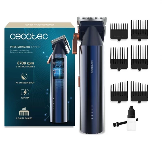 Cecotec PrecisionCare Expert Elite Professional Hair Clipper, Digital Brushless Motor 6700 rpm, 2 Speeds, Ceramic Precision Blades, Aluminium Housing, 6 Guide Combs, 0.8–2 mm Length Adjustment, 2-Hour Cordless Runtime, Travel Bag Cecotec PrecisionCare Expert Elite Professional Hair Clipper, Digital Brushless Motor 6700 rpm, 2 Speeds, Ceramic Precision Blades, Aluminium Housing, 6 Guide Combs, 0.8–2 mm Length Adjustment, 2-Hour Cordless Runtime, Travel Bag