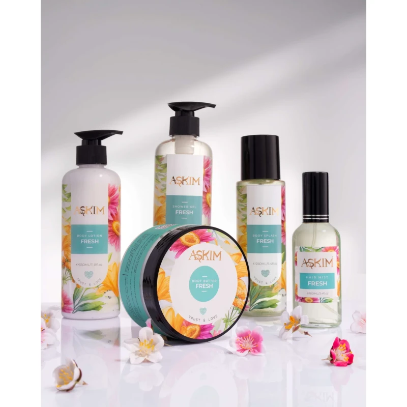 ASKIM Fresh Body Care Set 5 Pieces, Includes Body Mist, Hair Mist, Body Lotion, Shower Gel and Body Butter, Refreshing Fragrance with Mandarin, Pear, Rose, Jasmine, Musk and Woody Notes, Ideal for Daily Care or Gifting - AŞKIM