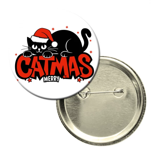 Cute black cat with Christmas message (Merry Catmas) on button badge Cute black cat with Christmas message (Merry Catmas) on button badge