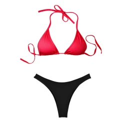 Fashionable Set of Red Bikini top with High Cut Black Bikini Bottom -  Size L