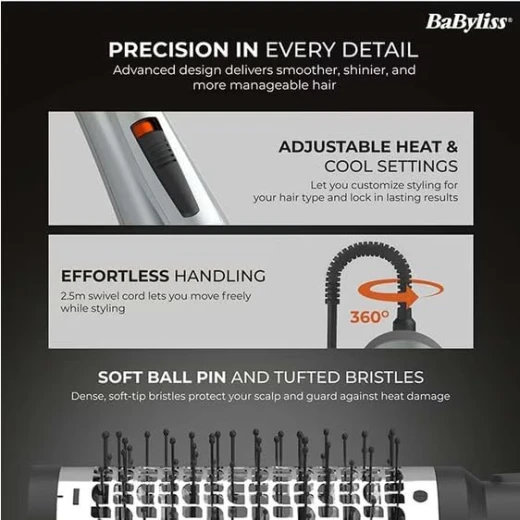 BaByliss 1000W 3-in-1 Air Styler, Ionic Frizz-Control, 50mm Volumising Brush, Smoothing Brush & Drying Nozzle, AS261SDE - Babyliss - Image 3