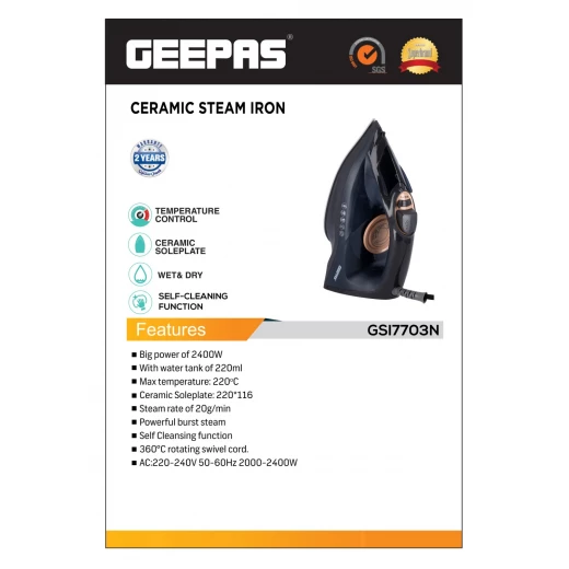 Geepas 2-in-1 Steam Iron GSI7703 – 2400W Ceramic Soleplate, Adjustable Temperature & Self-Cleaning Function - GEEPAS - Image 6