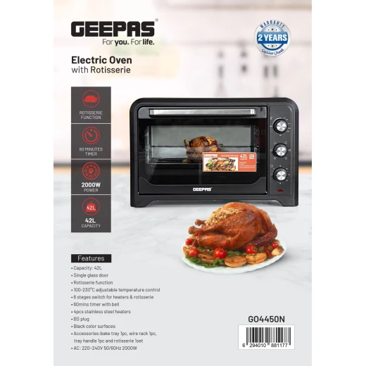 Geepas 2000W 42L Electric Oven, Rotisserie, 6-Stage Heating, Black GO4450N - GEEPAS - Image 2
