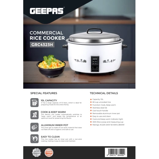 Geepas 10L Commercial Rice Cooker, Cook & Warm Function, Non-Stick Pot, White GRC4323 - GEEPAS - Image 8