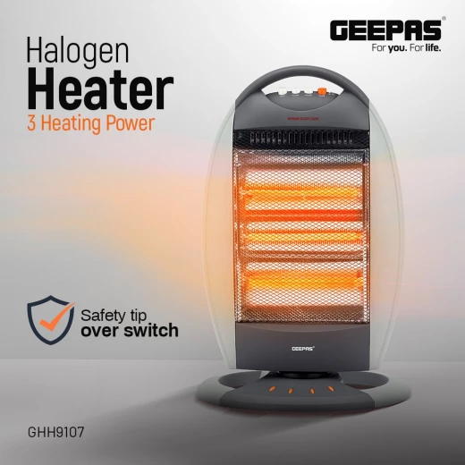 Geepas GHH9107 Halogen Heater – 1200W / 800W / 400W Power Settings, Safety Tip-Over Switch, Auto-Rolling Function, Grey - GEEPAS - Image 2