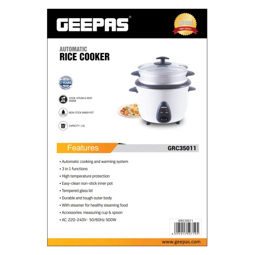 Geepas 500W 1.5L Automatic Rice Cooker, 3-in-1 Cook/Steam/Warm, White GRC35011 - GEEPAS - Image 8