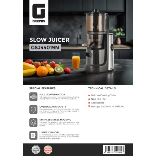 Geepas 1.0L Slow Juicer, 140mm Feeding Tube, Copper Motor, Black GSJ44019UK - GEEPAS - Image 3