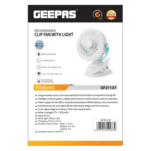 Geepas Rechargeable 2-in-1 Clip & Desk Fan, 36-LED Light, 7H Runtime, 1200mAh GF21137 - GEEPAS - Image 2