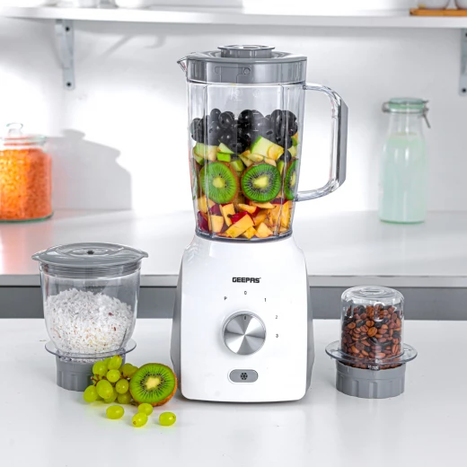 Geepas GSB44034N 3-in-1 Blender – 600W, Powerful Motor with 3 Speed & Pulse, Stainless Steel Blades, Grinder & Chopper Attachments, White & Grey - GEEPAS - Image 4