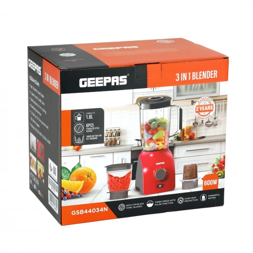 Geepas GSB44034N 3-in-1 Blender – 600W, Powerful Motor with 3 Speed & Pulse, Stainless Steel Blades, Grinder & Chopper Attachments, White & Grey - GEEPAS - Image 5