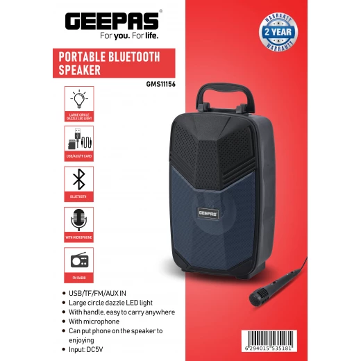 مكبر صوت جيباس المحمول بتقنية البلوتوث GMS11156 - مزود بميكروفون وإضاءة LED ودعم USB/TF/FM/AUX - جيباس - Image 2