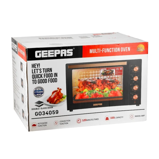 Geepas 100 L Multifunctional Oven- GO34059| 2800 W, With Rotisserie, Convection Functions and Inner Lamp| Easy to Use Control Knobs, 7 Stages Heating Selector, Adjustable Temperature| Perfect for Baking, Roasting, Cooking Meat, Vegetables, Cakes, Etc.| Bl - GEEPAS - Image 2