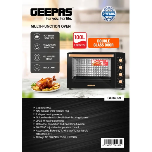 Geepas 100 L Multifunctional Oven- GO34059| 2800 W, With Rotisserie, Convection Functions and Inner Lamp| Easy to Use Control Knobs, 7 Stages Heating Selector, Adjustable Temperature| Perfect for Baking, Roasting, Cooking Meat, Vegetables, Cakes, Etc.| Bl - GEEPAS - Image 3