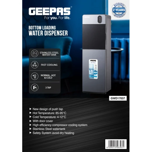 Geepas Bottom Loading Water Dispenser, 3 Taps (Hot/Cold/Normal), Grey GWD17037 - GEEPAS - Image 2
