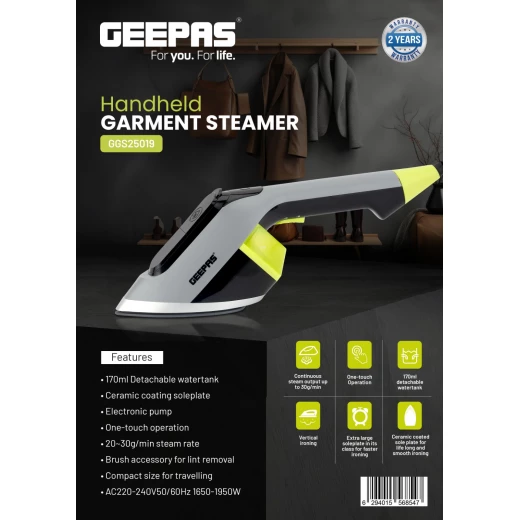 Geepas GGS25019 Handheld Garment Steamer – 1950W, One-Touch Operation, 170ml Water Tank, Ceramic-Coated Plate & Brush Accessory, Grey - GEEPAS - Image 6