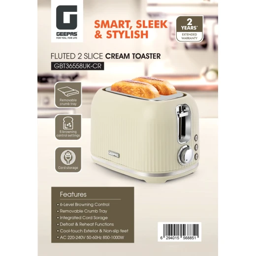 Geepas Fluted 2-Slice Toaster, 6 Browning Levels, Cream GBT36558UK-CR - GEEPAS - Image 10