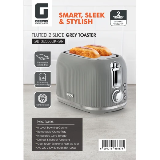 Geepas Fluted 2-Slice Toaster, 6 Browning Levels, Grey GBT36558UK-GR - GEEPAS - Image 3