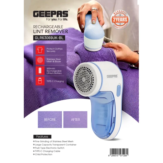 Geepas Rechargeable Lint Remover, Type-C, Child Lock, White/Blue GLR63069UK-BL - GEEPAS - Image 2