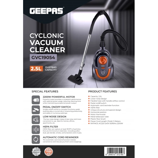 Geepas Powerful Cyclonic Vacuum Cleaner GVC19054 – 2.5 L Dust Bag, HEPA Filter, 2200 W - GEEPAS - Image 10