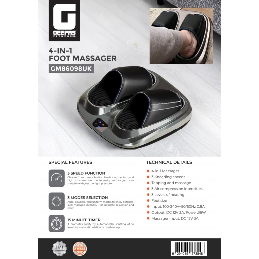 Geepas 4-in-1 Foot Massager- GM86098UK/ 3 Modes, 3 Speed Function, 15 Minutes Timer, 3 Kneading Speeds, Tapping and Massage, Foot Size/ Relieves Pain, Fatigue, Improves Blood Circulation - GEEPAS - Image 2