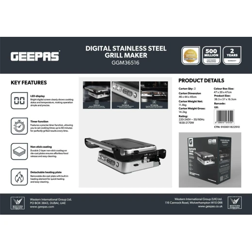 Geepas 2170W Digital Stainless Steel Grill Maker, 180° Open BBQ, Silver GGM36516 - GEEPAS - Image 10