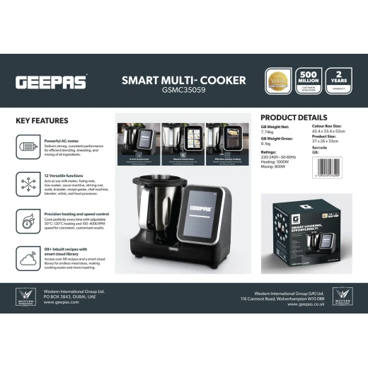 Geepas Smart Multi Cooker- GSMC35059/ 12 Versatile Functions, 98+ Inbuilt Recipes with Massive Cloud Library, 8 Inch Touchscreen/ Dual-Function Heating and Mixing System/ Perfect for Soups, Dough, Sauces, Desserts, etc./ Black and Silver, 2 Years Warranty - GEEPAS - Image 4