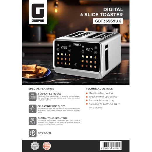 Geepas Digital 4-Slice Toaster, LED Touch, 6 Modes, Silver GBT36569UK - GEEPAS - Image 10