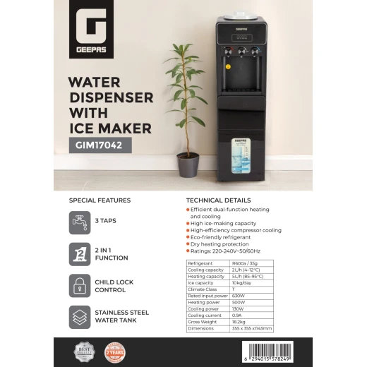 Geepas Hot/Cold/Normal Water Dispenser with Ice Maker, 10kg/24h, Black GIM17042 - GEEPAS - Image 3