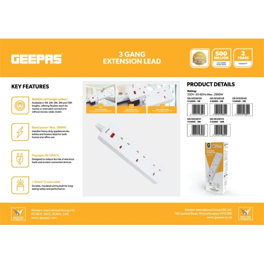 Geepas 3-Gang Extension Lead, 2990W, 5m Cable GES58141 - GEEPAS - Image 4