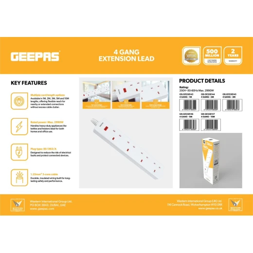 Geepas 4-Gang Extension Lead, 2990W, 5m Cable, White GES58146 - GEEPAS - Image 2