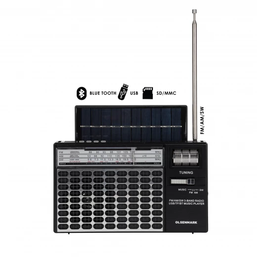 Olsenmark Portable Rechargeable 3-Band Retro Radio with Bluetooth, USB, TF, MP3 Player, Microphone, Karaoke & Solar Charging – OMR1276 – Black Olsenmark Portable Rechargeable 3-Band Retro Radio with Bluetooth, USB, TF, MP3 Player, Microphone, Karaoke & Solar Charging – OMR1276 – Black