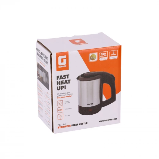 Geepas GK175NV 0.5L Stainless Steel Electric Kettle – 1100W, Auto Shut-Off & Boil Dry Protection, Silver & Black - GEEPAS - Image 2