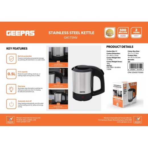 Geepas GK175NV 0.5L Stainless Steel Electric Kettle – 1100W, Auto Shut-Off & Boil Dry Protection, Silver & Black - GEEPAS - Image 6