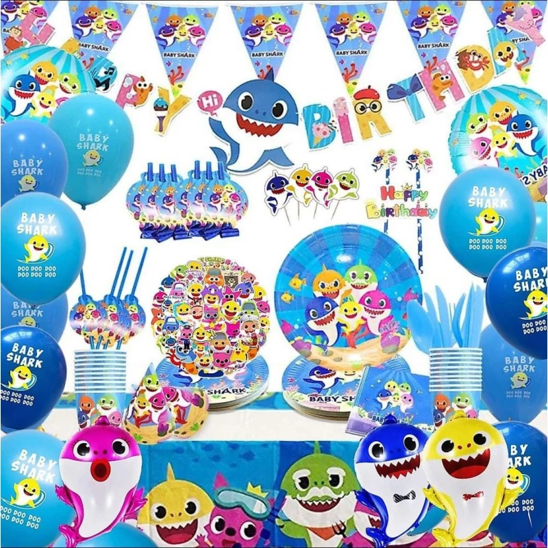 Baby Shark Kids' Birthday Party Pack | 10 Plates + 10 Cups + 1 Tablecloth + Napkins + 6 Popcorn Boxes + 3-Meter Party Banner + 10 Balloons - Aa