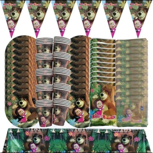 Masha and the Bear Kids' Birthday Party Pack | 10 Plates + 10 Cups + 1 Tablecloth + Napkins + 6 Popcorn Boxes + 3-Meter Party Banner + 10 Balloons - Aa - Image 2