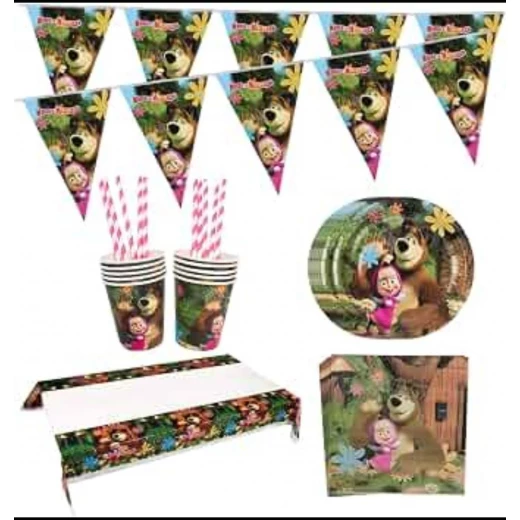 Masha and the Bear Kids' Birthday Party Pack | 10 Plates + 10 Cups + 1 Tablecloth + Napkins + 6 Popcorn Boxes + 3-Meter Party Banner + 10 Balloons