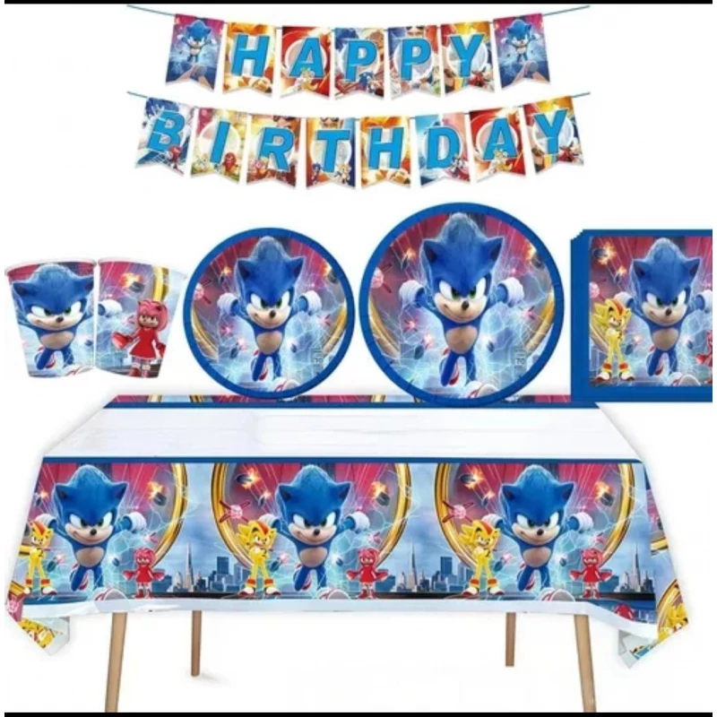 Sonic Kids' Birthday Party Pack | 10 Plates + 10 Cups + 1 Tablecloth + Napkins + 6 Popcorn Boxes + 3-Meter Party Banner + 10 Balloons - Aa