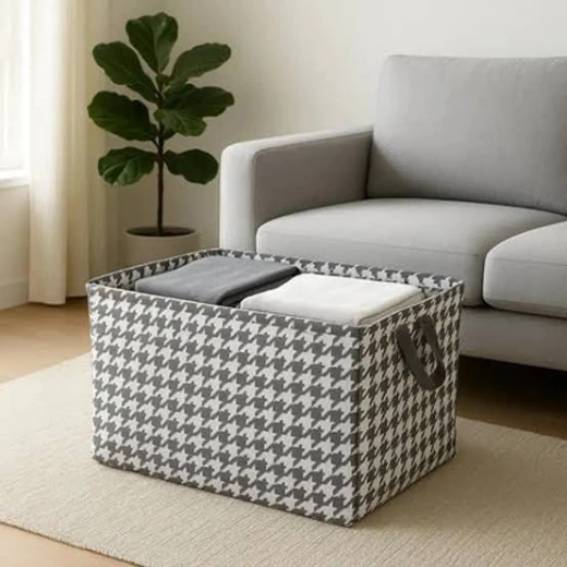 Collapsible Houndstooth Fabric Storage Basket with Handles (47 x 28 x 20 cm) Collapsible Houndstooth Fabric Storage Basket with Handles (47 x 28 x 20 cm)