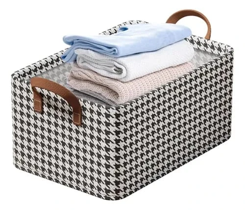Collapsible Houndstooth Fabric Storage Basket with Handles (47 x 28 x 20 cm) - Aa - Image 4