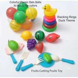 Sensoria , Fine Motor Skills Development Set [Stacking Rings Game, 8 Plastic Balls, and Fruit or Vegetable Cutting Game]