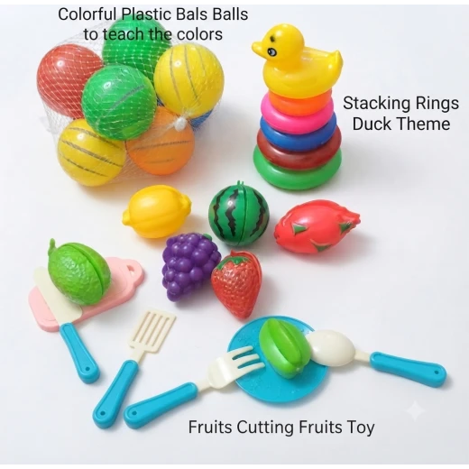 Sensoria , Fine Motor Skills Development Set [Stacking Rings Game, 8 Plastic Balls, and Fruit or Vegetable Cutting Game]
