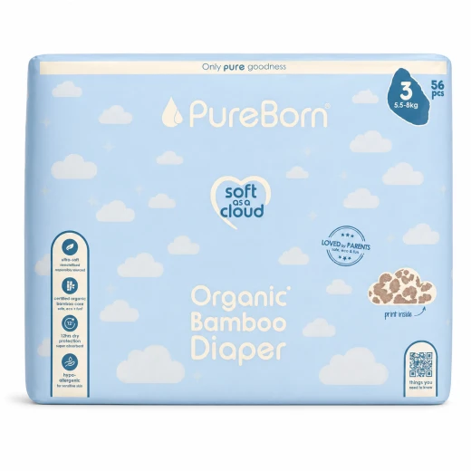 Pure Born Organic Nappy Size 3, Cheetah Print, 5.5-8 Kg, 56 Nappies, 2-8 Months Pure Born Organic Nappy Size 3, Cheetah Print, 5.5-8 Kg, 56 Nappies, 2-8 Months