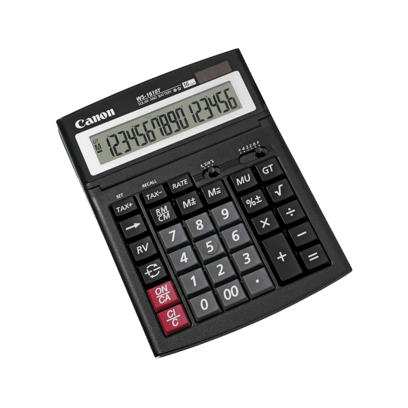 آلة حاسبة مكتبية كانون WS-1610T HB - 12 رقمًا، شاشة LCD كبيرة، تعمل بالطاقة الشمسية والبطارية، GT، زيادة/خفض السعر، للاستخدام المكتبي والمهني - كانون