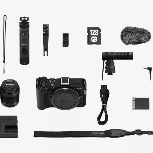 كاميرا Canon EOS R50 V مع عدسة RF-S 14-30 مم PZ، كاميرا ميرورلس مدمجة مخصصة لصناع المحتوى، تقدم تصوير عالي الجودة، فيديو وصور واضحة، عدسة واسعة بزوم، تركيز سريع، وتصميم خفيف مناسب للفلوغ والسوشيال ميديا
